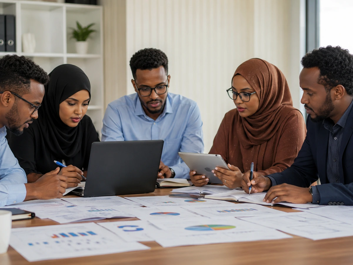 A bright modern Somali consulting workspace where professionals collaborate around charts and digital reports