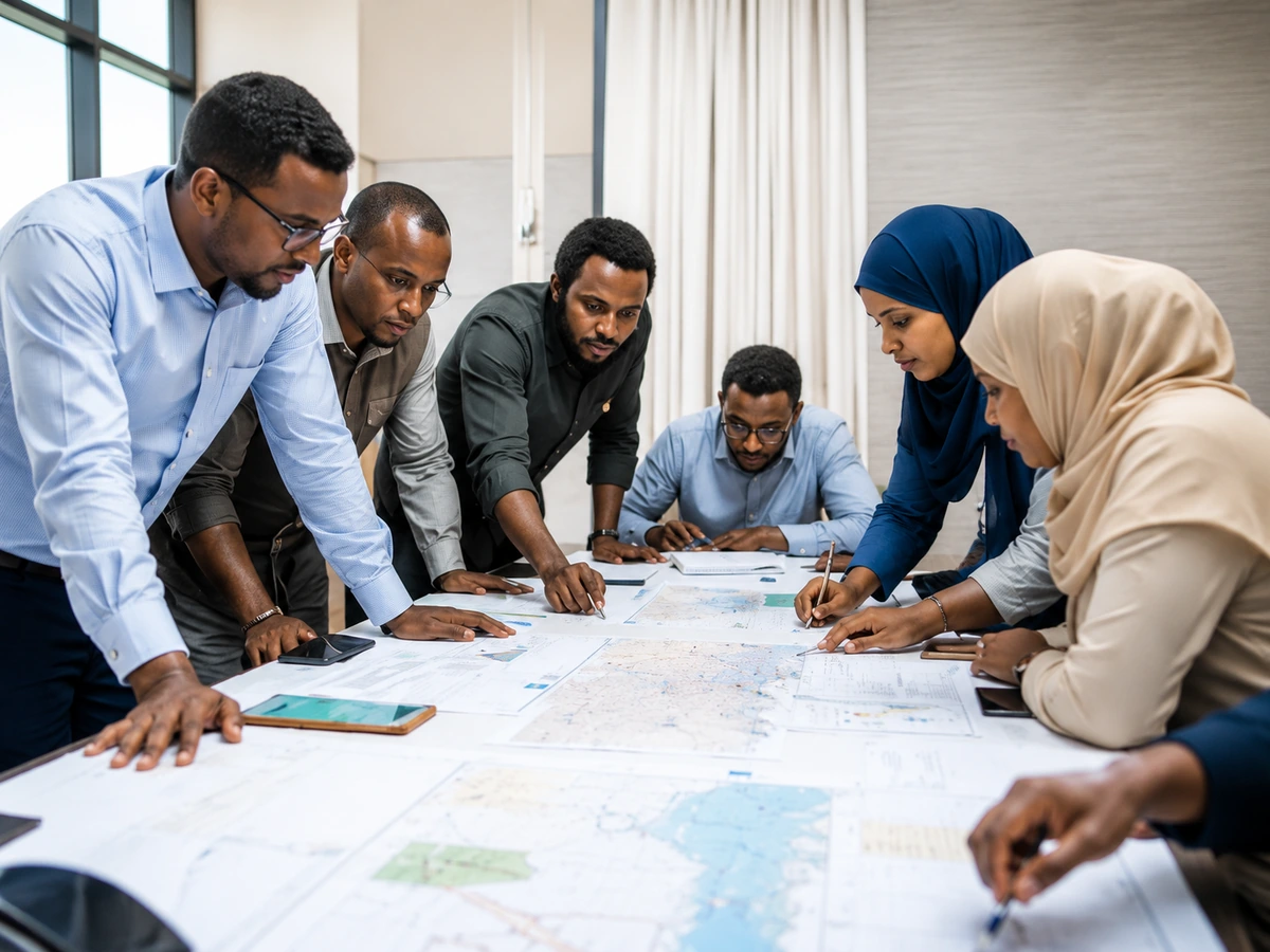Somali professionals reviewing maps and planning documents during an evidence-based strategy session