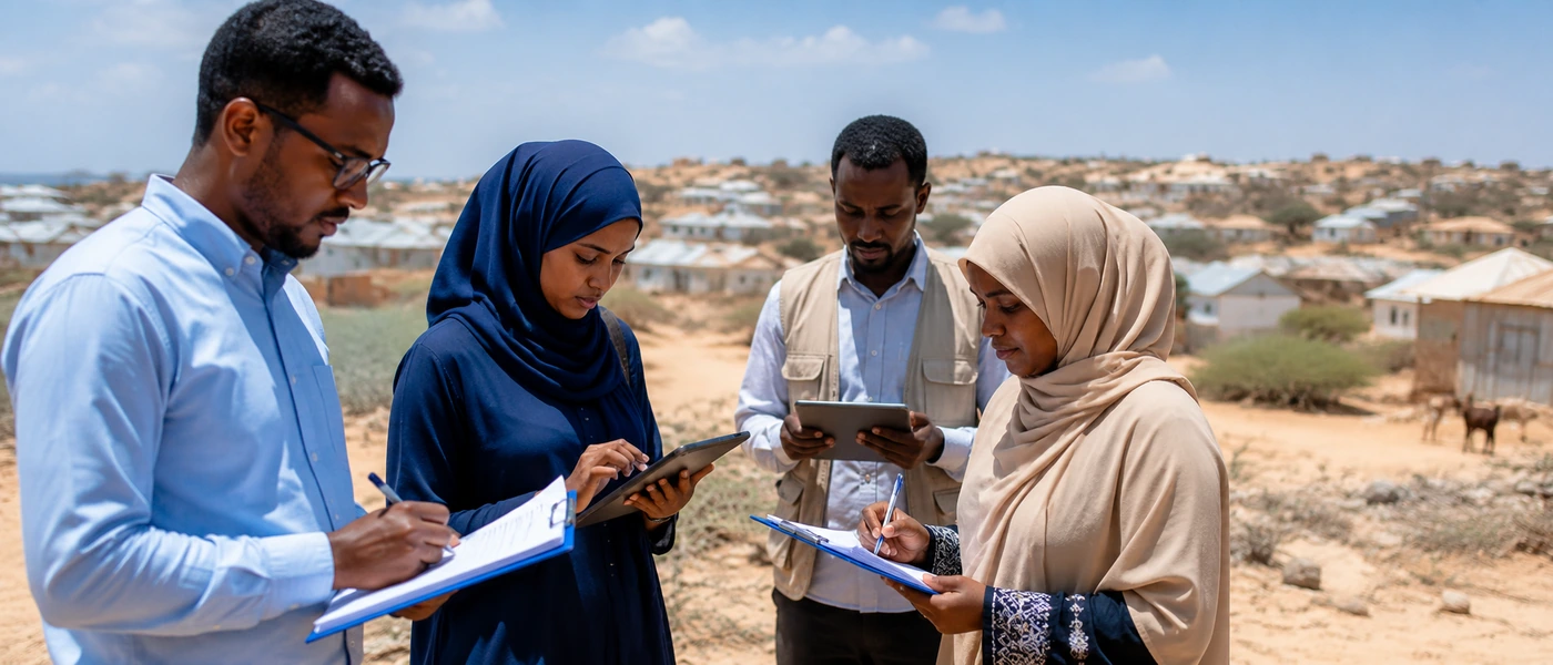 Field researchers collecting monitoring data in a Somali community using forms and tablets