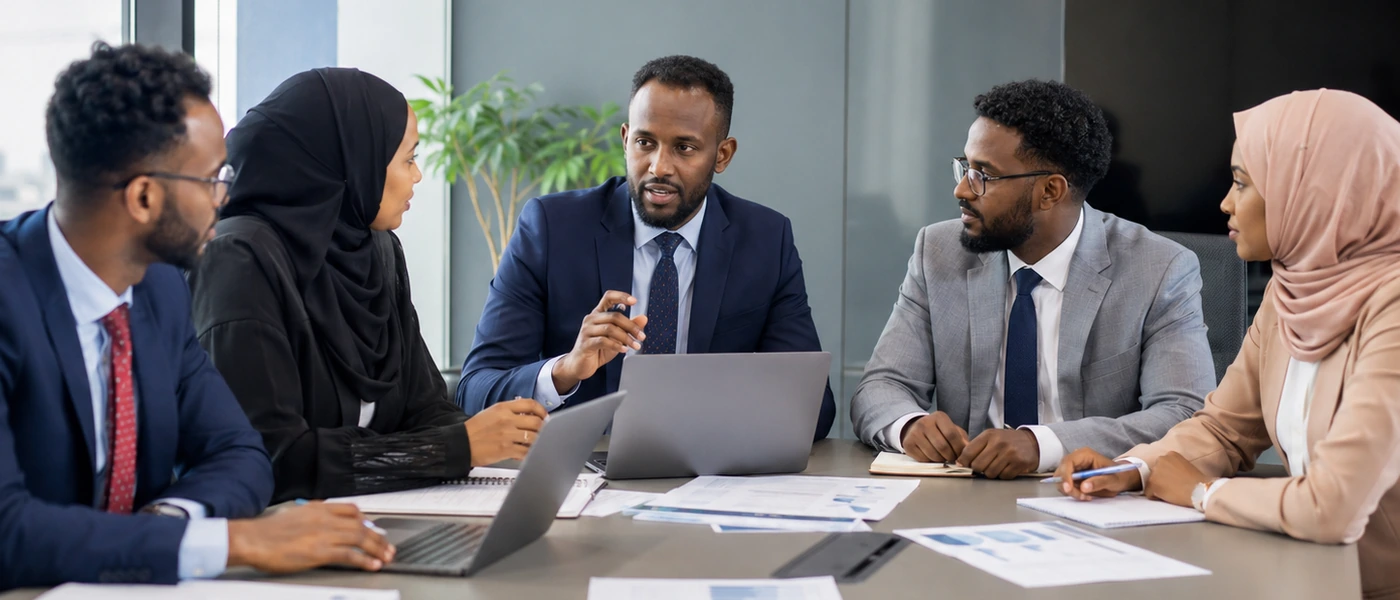 Somali professionals in a modern boardroom discussing strategy, analysis and consulting solutions