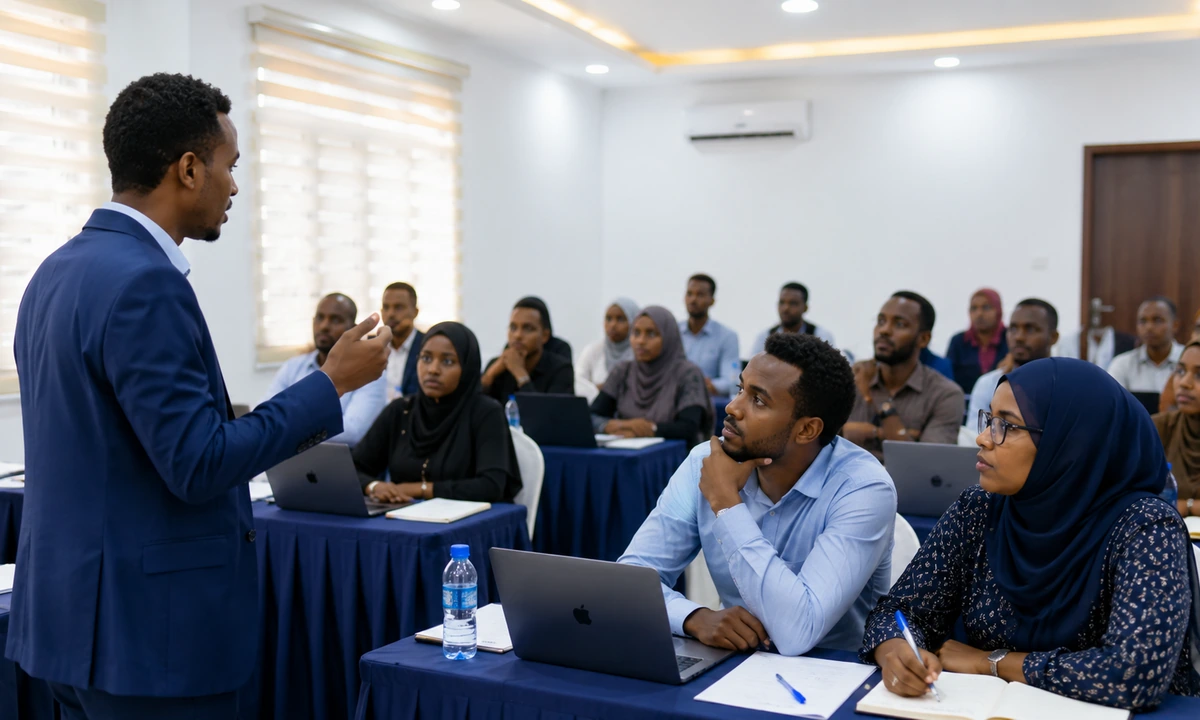 A structured capacity-building workshop led by a facilitator with participants in a conference room